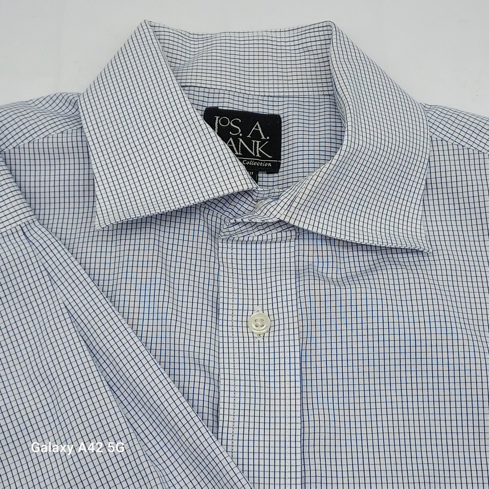 Jos A Bank Travelers Collection Dress Shirt Mens 15.5 35 Blue White Tailored Fit